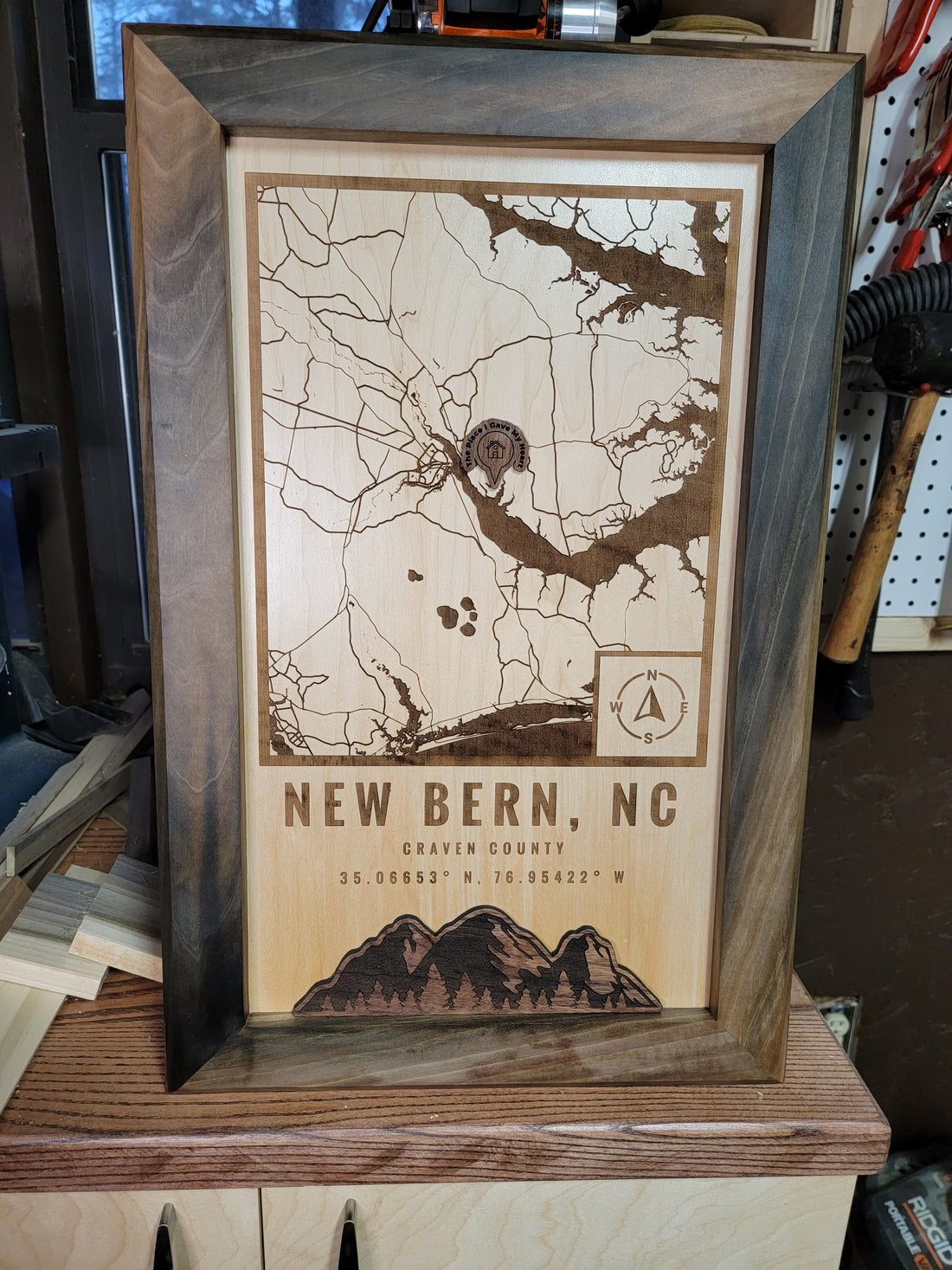 Custom wood map of New Bern, NC from G. Loebick Woodworks