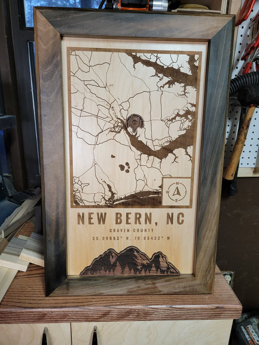 Custom wood map of New Bern, NC from G. Loebick Woodworks