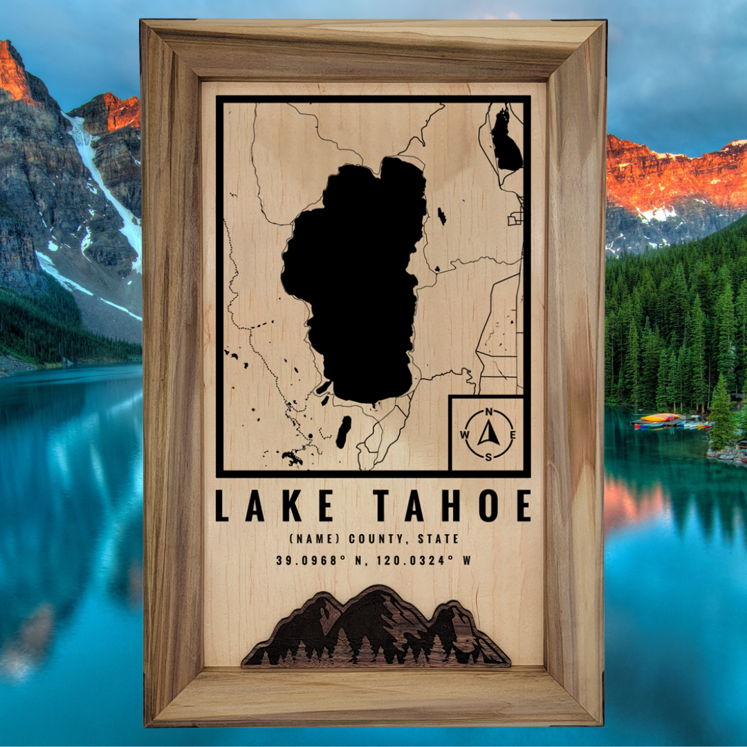 Custom wood map of Lake Tahoe from G. Loebick Woodworks