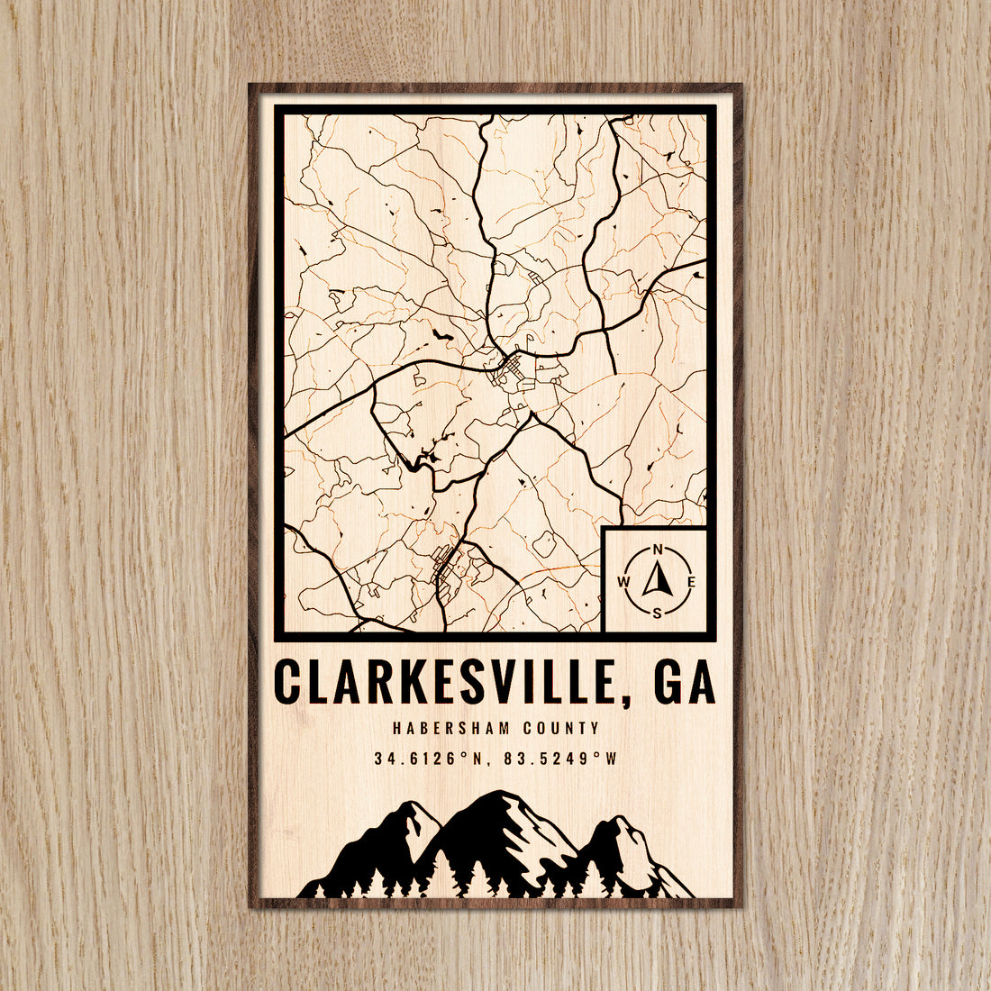 Custom wood map of Clarkseville, GA from G. Loebick Woodworks