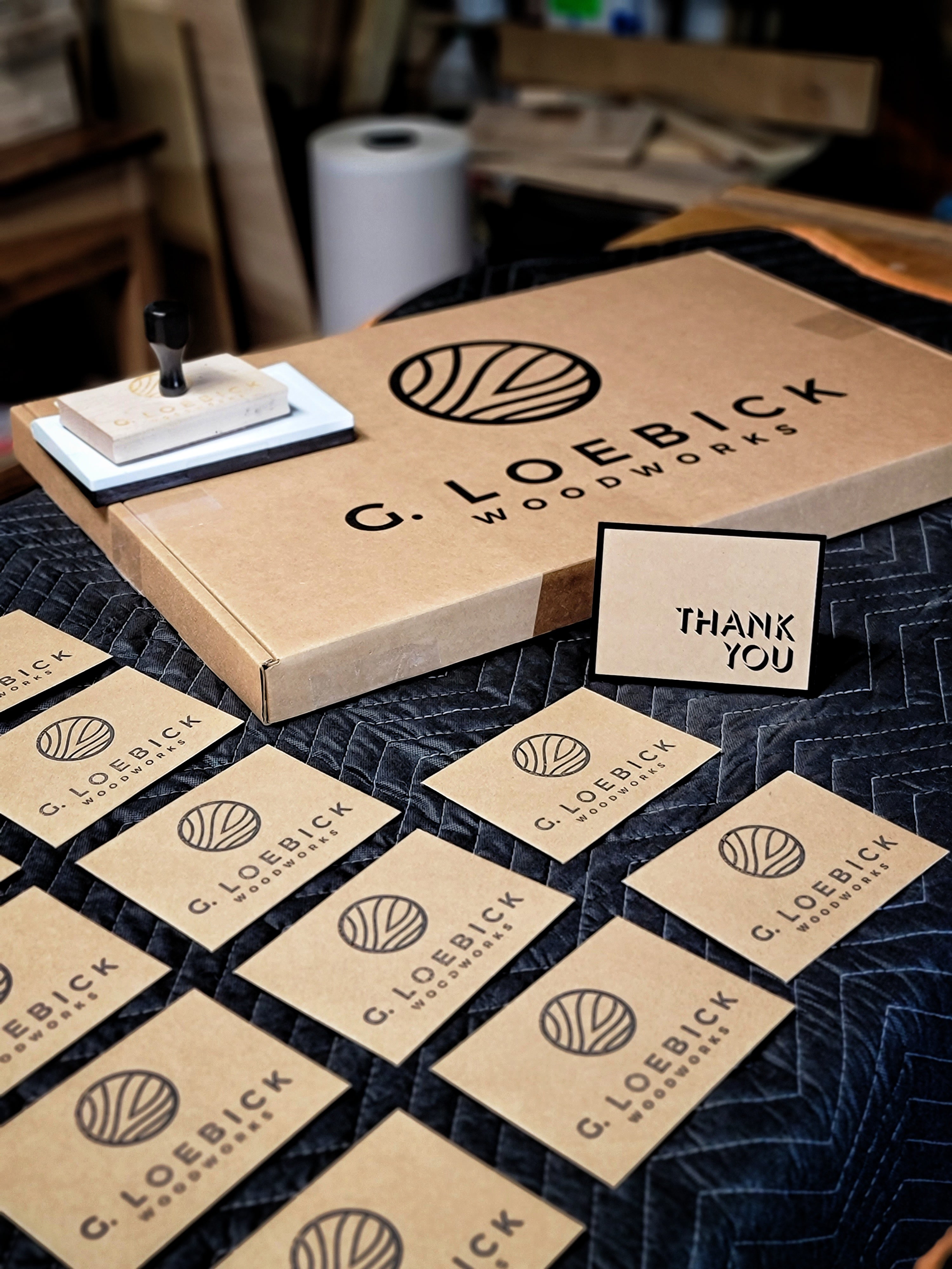 Custom mailer box and thank you cards from G. Loebick Woodworks. 