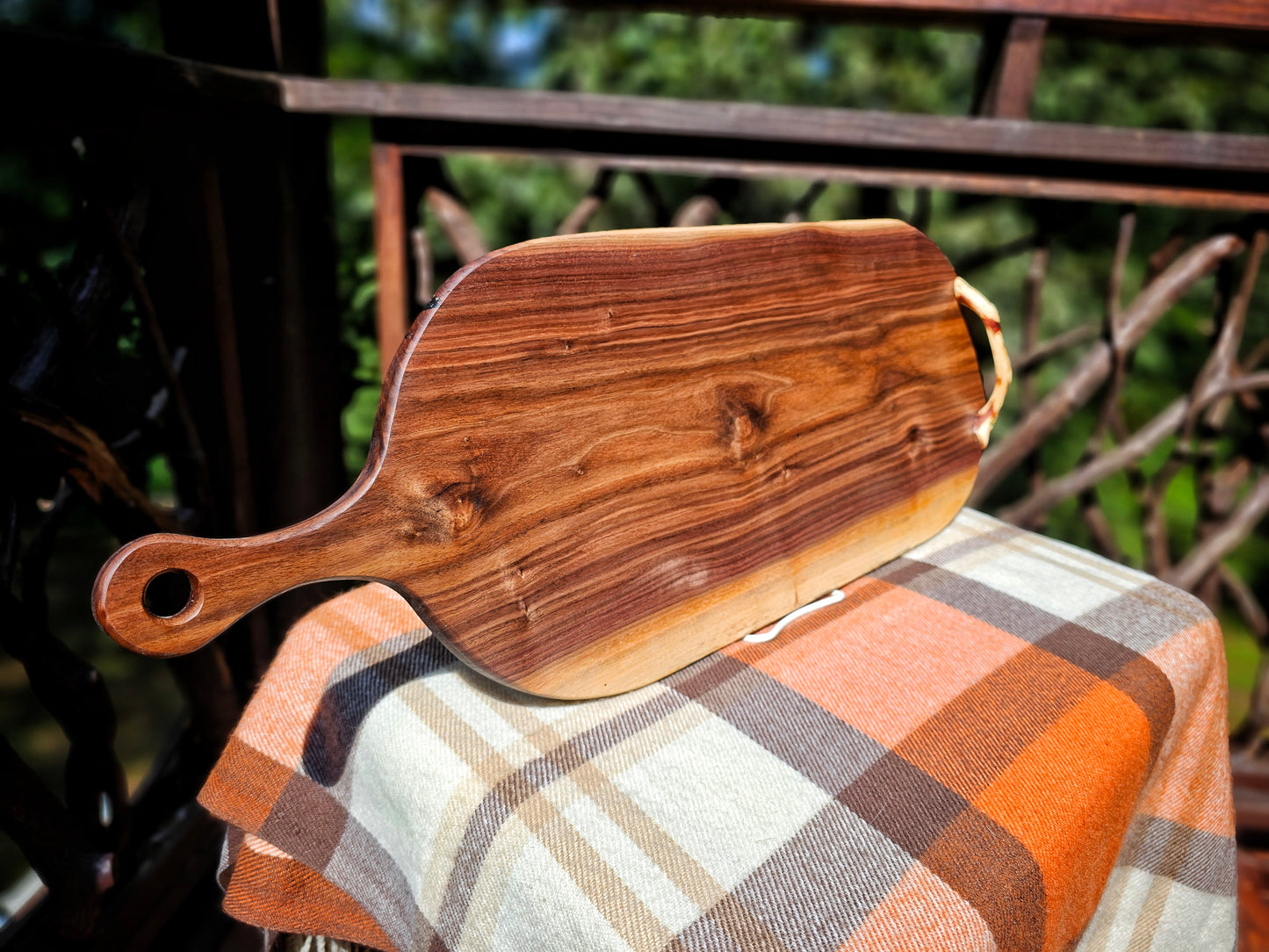 9x25 Walnut charcuterie board with mountain laurel handle