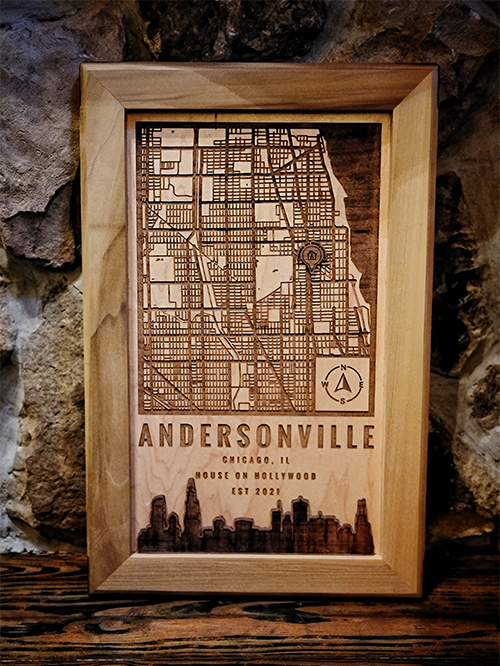 Custom location wood map of Andersonville Chicago