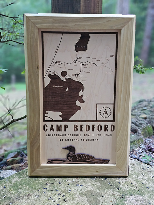Custom location wood map of Camp Bedford Boy Scout Camp