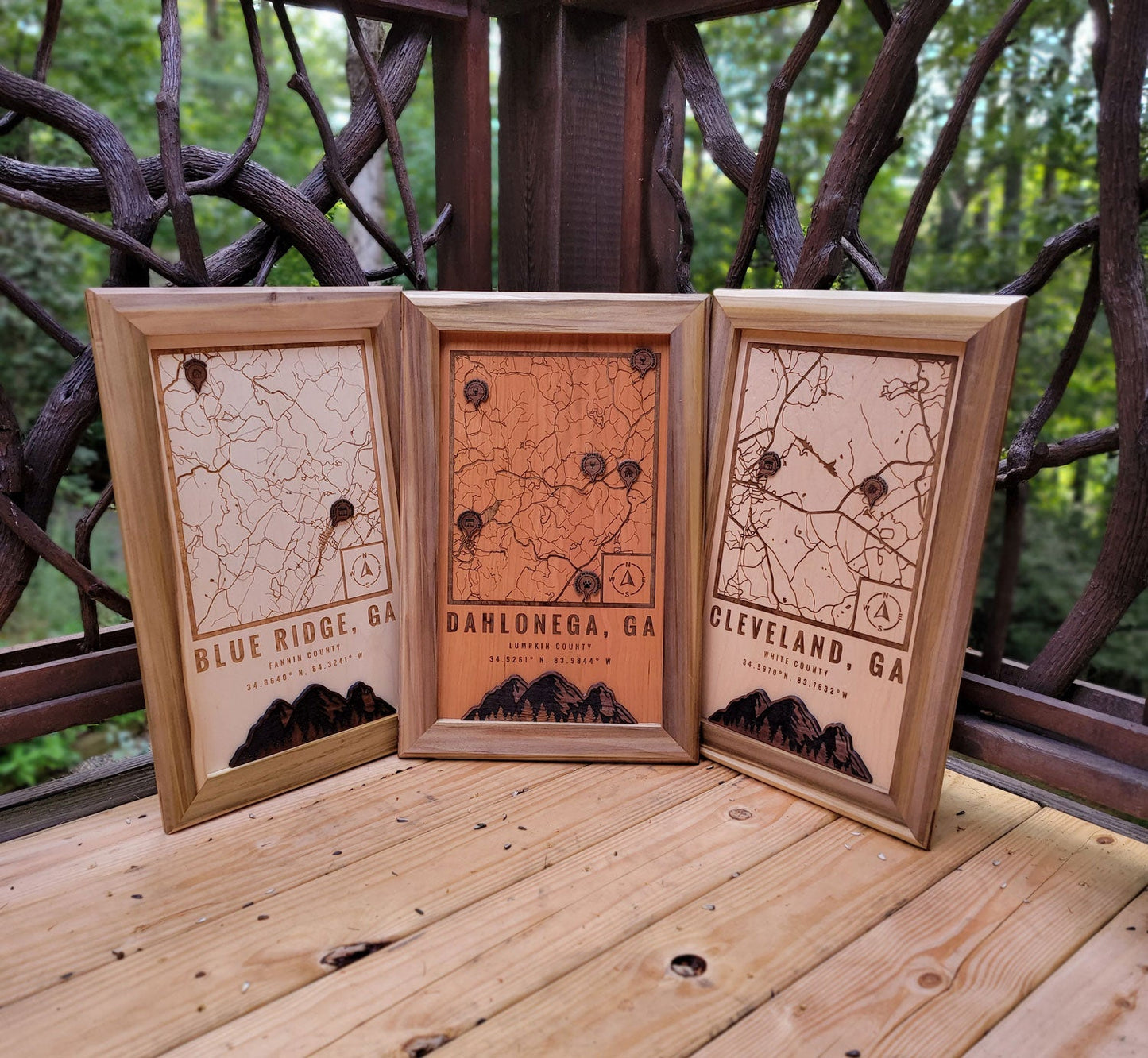 Custom location wooden maps, wood lake maps, laser engraved from G. Loebick Woodworks
