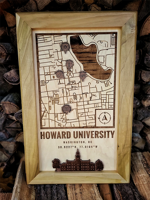 Custom location wood map of Howard University Campus