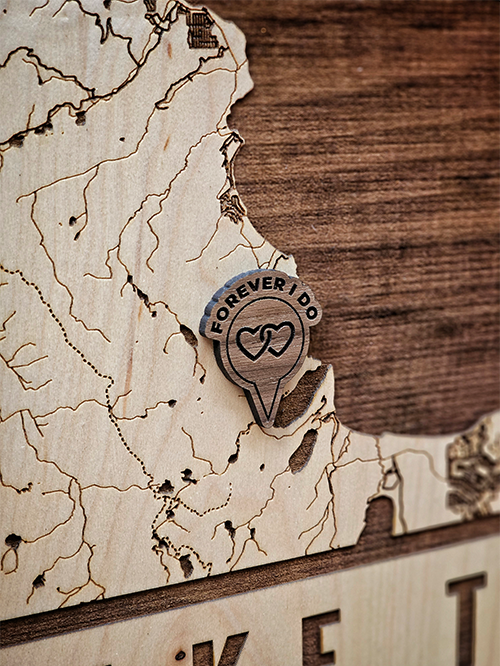Personalized location icon that reads "Forever I do" with two entwined hearts