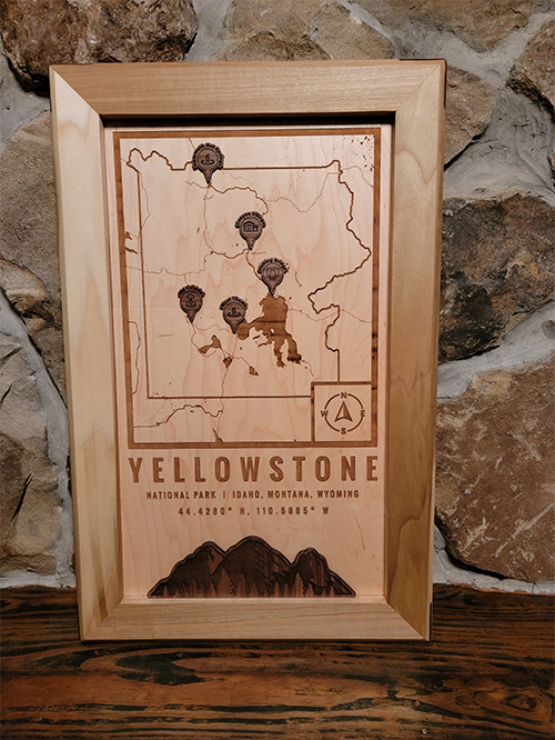 Custom location wood map of Yellowstone