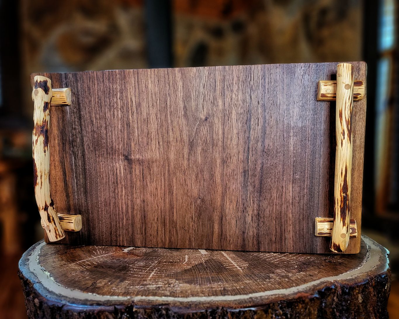 Walnut charcuterie board with mountain laurel handles 